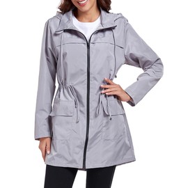 Qyuagle Women Waterproof Long Raincoat Lightweight Packable Hooded Rain Jacket Grey XL