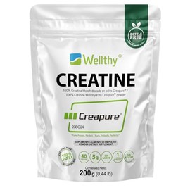 Wellthy Creatina Monohidratada Creapure® 200g. 100% Pura. Solo 1 Ingrediente Creatina Alemana Creapure®. Vegana, Sin Azúcar, 40 porciones, 5g por porción, Pre Enteno con Scoop. Pure. Proven. Perfect