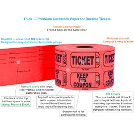 Tacticai 500 Raffle Tickets, Red (1 of 8 Colors), Double Roll, Ticket for Events, Entry, Class Reward, Fundraiser & Prizes