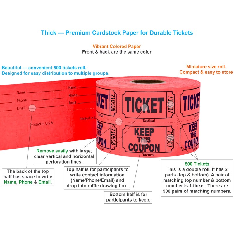 Tacticai 500 Raffle Tickets, Red (1 of 8 Colors), Double