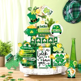 Menkxi 15 Pcs St. Patrick's Day Tiered Tray Decor Set St Patrick's Day Decoration Easter Wooden Table Sign Easter Tiered Tray Decorations Farmhouse Tabletop Decorations for Home Kitchen(Novel)