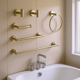 Modern Wall Mount Stainless Steel Bathroom Towel Rack Set 6 Piece Polished Finish Premium Bath HardwareColor: as Pic Color
