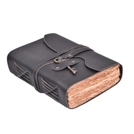 LEATHER VILLAGE Vintage Leather Journal – 200 Handmade Vintage Deckle Edge Paper – Leather bound Journal For Women Men – Vintage Key Closure - Book of Shadows - Black - 6X4 inches (A6)