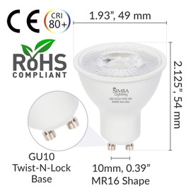 Simba Lighting LED GU10 5W Non-Dimmable Spot Light Bulb (6 Pack) Halogen 50W Replacement MR16 Shape for Accent, Recessed, Track Lighting, 38° Beam, 120V, Twist-N-Lock Bipin Base, 5000K Daylight