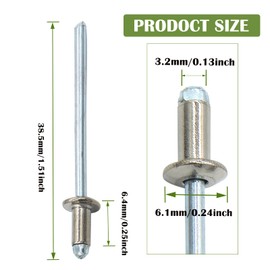 Piutouyar 100Pcs 1/8" x 1/4" Stainless Steel Pop Rivets Assortment, 3.2x6.4mm Dome Head Blind Rivets Metal Boat Rivet for Kayak, Canoe