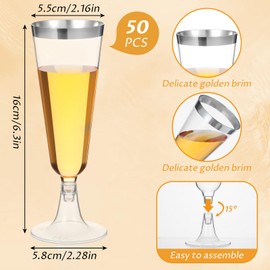 Limbeuuu 50 Pcs Plastic Champagne Flutes Disposable Champagne Glasses Bulk Clear Mimosa Cocktail Cups with Rim Detachable Glasses for Wedding Party Birthday Anniversary(Silver, Clear)