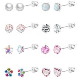 Staligue 8 Pairs Flat Back Threadless Earrings – Hypoallergenic Titanium Surgical Steel Opal Pearl CZ Heart Flower Studs for Women & Men (Silvery)