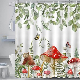 Mocsicka Mushroom Shower Curtain Sage Green Leaves Shower Curtain with 12 Hooks Boho Floral Butterfly Mushroom Bathroom Decor Waterproof Fabric Shower Curtain, 72''X72''