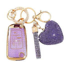 Simocky Fit for GMC Buick Key Fob Cover with Diamond Keychain, Compatible with Chevy Cruze Camaro Malibu Equinox Impala Buick Encore Regal GMC Flip Folding Key for Women (5 Buttons—Purple Heart)