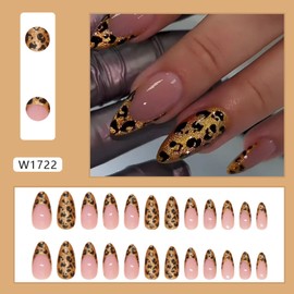 Vopintpy Gold Leopard Print French Tip Press on Nails Long Almond Fake Nails Glossy Acrylic Glue on Nails Artificial Full Cover Stick on Nails for Women DIY Charm Manicure