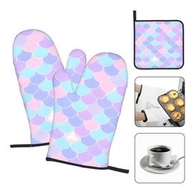 Mermaid Tattoo Oven Mitt and Pan Rack Set (3-Piece Set) for Kitchen Cooking, Baking, and Grilling.