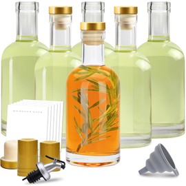 Olive Oil Dispenser Bottle for Kitchen, Clear Glass Oil and Vinegar Dispenser Set, Coffee Syrup Dispenser, Container With Metal Pour Spout, Airtight Lid, Funnel, Waterproof Labels (200ml-6 Pack)