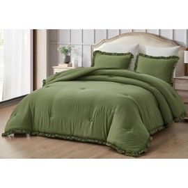 Chezmoi Collection Nora Olive Green Comforter Set King Size 3-Piece Fluffy Soft Lightweight Bedding Ruffled Edge Trim Stone-Washed Microfiber Comforter Set for All Season