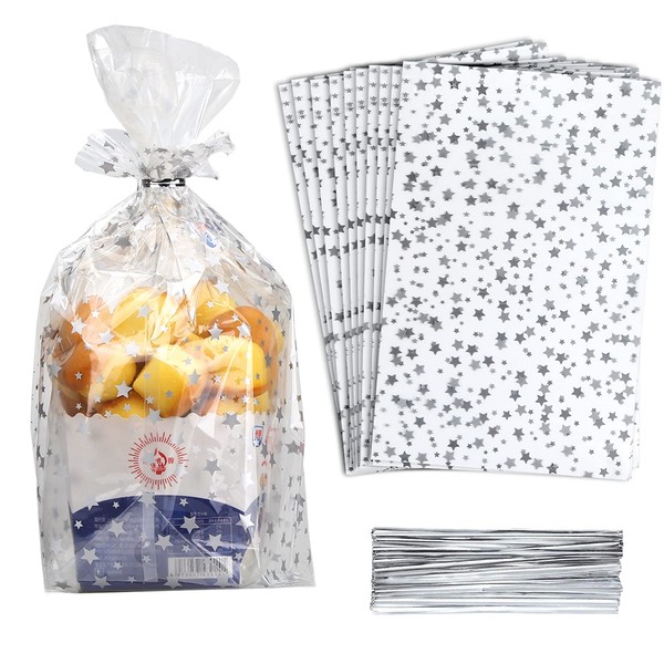 COQOFA 100 Pcs Star Printed 8"X 12" Gift Wrap Cello Cellophane Treat Bags Party Favor bags Clear Candy Cookie Bags Plastic Poly Goodie Storage Bags with Twist Ties for Bakery,Birthday, Wedding ,Party Decorations (Silver)