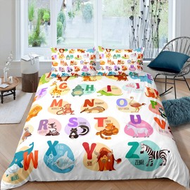 Learning Alphabet Comforter Cover for Kids Room Decor Cute Cartoon English Alphabet Bedding Set for Child Boys Girls,Animal ABC Pattern Duvet Cover Ocean Sealife 26 Letters Bedroom Decor Twin Size
