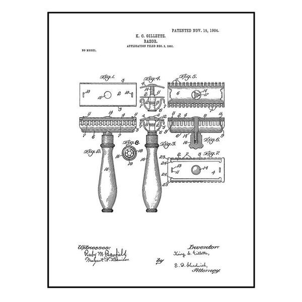 Gillette Razor Patent Print Black Ink on White with Border