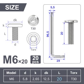 Wavanta 20 Pcs M6 Bolts, M6 x 20mm Flat Head Torx Bolts Screws, Furniture Screws, 304 Stainless Steel, Full Thread, with Torx Key