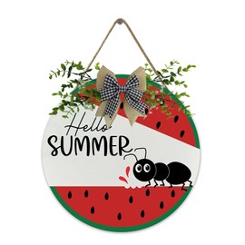 Hello Summer- Wood Door Hanger Rustic Watermelon Plaque Porch Decor- Hello Summer Sign with Burlap Bow Wreaths- for Summer Home Farmhouse Porch Garden Yard Decoration 12 Inch