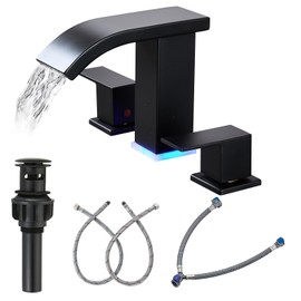 Bathroom Faucets 8 Inch Widespread Bathroom Sink Faucet Two Handles Black Bathroom Faucet 3 Hole Waterfall Vanity Sink Faucet for 3 Hole with LED Light with Pop Up Drain (Matte Black)