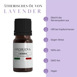 Oxxigena - Lavender Essential Oil - 30ml - Made in Italy - 100% Pure, Natural, Vegan, GMO Free - Ideal for Aromatherapy, Massage Mixes