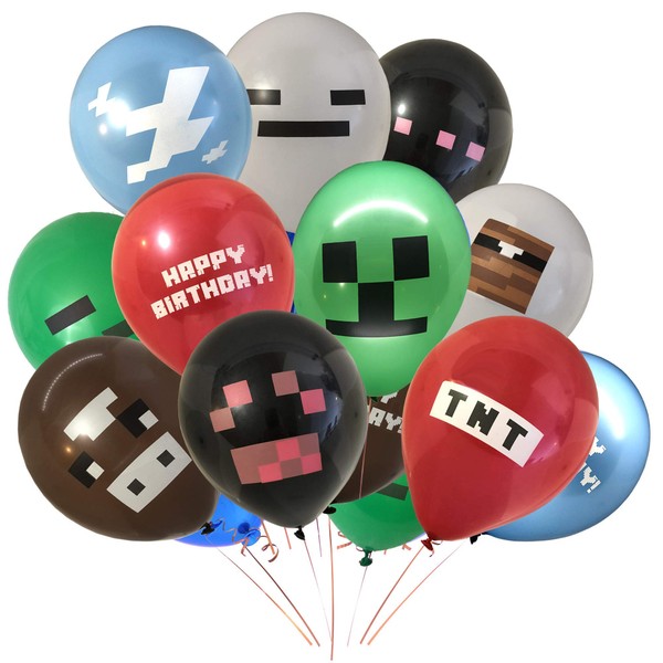Giant 24 Pack of Pixel Miner Crafting Style Gamer Party Balloons - Large Double Sided 12" Latex Balloons - Gamer Birthday Party Supplies - TNT, Cow, Ghost, Cloud, Creepah, Spider Party Decorations