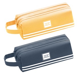 zeonmiehu 2 Pcs Pencil Case, Portable Canvas Large Pencil Case, Double Layer Pencil Cases with Handle, Stationery Organizer Storage Bag for Kids Teens Adults Students (Yellow and SkyBlue)