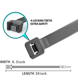 Heavy duty cable ties 24 inch Large Zip ties Black Environmentally friendly Industrial quality Uses 4 latches for stronger locks, With 120 Pounds Tensile