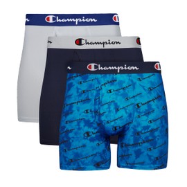 Champion Men's Athletic Stretch Boxer Briefs, Lightweight Stretch, Moisture-Wicking, No Ride-Up Fit Underwear, 3-Pack, Blue Print With Logo/Navy/Silverstone, X-Large US