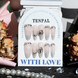 TENPAL French Tip Press On Nails Long Stiletto Nude Glitter Fake Nails With Ombre Cat Eye False Nails With Luxury Diamond 10pcs/Box Acrylic Stiletto Stick on Nails For Women Girls Daily Wear(S)