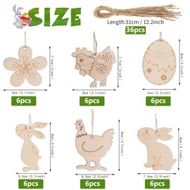 Easter Crafts Wood, Pack of 36 Wooden Pendants Easter for Painting, Easter Pendant Wood, DIY Pendant Easter, Easter Decoration Craft Children with Cord, DIY Easter Decoration Easter Eggs Rabbit Chick