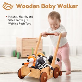 Woodtoe Wooden Baby Walker, Adjustable Speed Anti-Rollover Push Walker Toy for Babies Learning to Walk, Natural Wood Toddler Push and Pull Toys Wagon Christmas Toy for Boy Girl 12 3, 1st Birthday Gift
