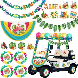 27 Pcs Summer Hawaiian Golf Cart Luau Parade Decorations Kit - Tropical Garland Leaves Banner Balloons for Beach Party Themed Supplies Decor