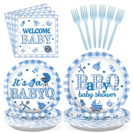 Grencian 96PCS BBQ Baby Shower Decorations It’s A BabyQ Party Plates Disposable Blue BBQ Baby Shower Tableware Set for Boys Barbecue Themed Baby Shower Gender Reveal Picnic Birthday Party, Serves 24
