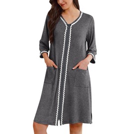 Ekouaer Zipper Robes for Women 3/4 Sleeves Lightweight House Coat Zip Up Bathrobe Soft Nightgown with Pockets (Deep Gray, Large)