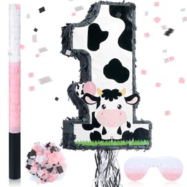Ferraycle Small Cow Number 1 Pinata for 1st Birthday Party Decorations Cow Farm Birthday Party Supplies for Girls Kids Pinata with Blindfold Wood Stick Confetti Baby Shower