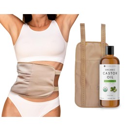Kate Blanc Cosmetics Castor Oil Pack Wrap with 16oz Organic Castor Oil Plastic Bottle Castor Oil Packs for Liver Detox. Reusable, Comfortable Fit, Adjustable