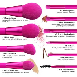 Eigshow Makeup Brushes Set, 10 Pieces Makeup Brushes, Premium Nano Fiber Bristles for Foundation Blending Face, Powder, Lip, Blush, Contour, Eyeshadow, Colorful and Vegan (Red)