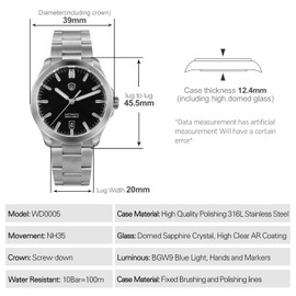 watchdives Automatic Watch for Men, WD0005 Sport Watch NH35 Mechanical Dress Wristwatches 39mm Domed Sapphire Crystal Luxury Watches (Black/with Calendar)