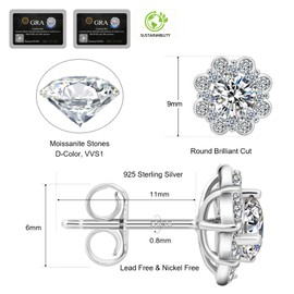KRKC Moissanite Earrings, Diamond Earrings For Women, 14K White Gold Stud Earrings, D Color VVS1 Simulated Diamond 925 Sterling Silver Solitaire Earrings, Birthday Jewelry Gifts For Girls Wife