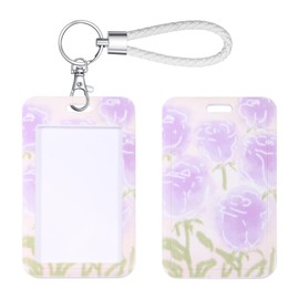 SHININGEYES ID Card Badge Holder Key Chain with Metal Keyring, Plastic Slide Open with ID Window for Women Men Girls Students,Purple Tulip