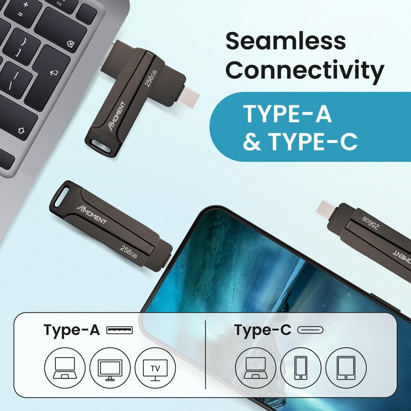 MMOMENT 256GB USB Memory, 2-in-1 OTG Compatible, Type-A & Type-C,