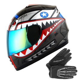 WOW Youth Motorcycle Full Face Helmet Street Bike BMX MX Kids Shark Black + MX Skeleton Glove Bundle