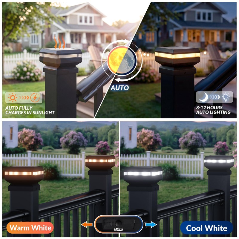 Egadis 8 Pack Solar Post Cap Lights with 2 Lighting