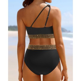 Tempt Me Women Black High Waisted Bikini Set - One Shoulder Two Piece Swimsuits Full Coverage Bathing Suits Swimwear Bottom XL