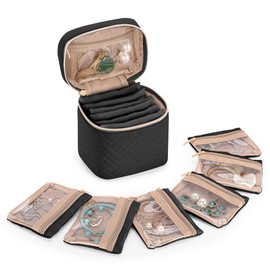 Teamoy Travel Jewellery Bag Organiser, Portable Jewellery Bag with 6 Zipper Pockets, Jewellery Travel Case for Necklace, Bracelet, Earrings, Rings-Black