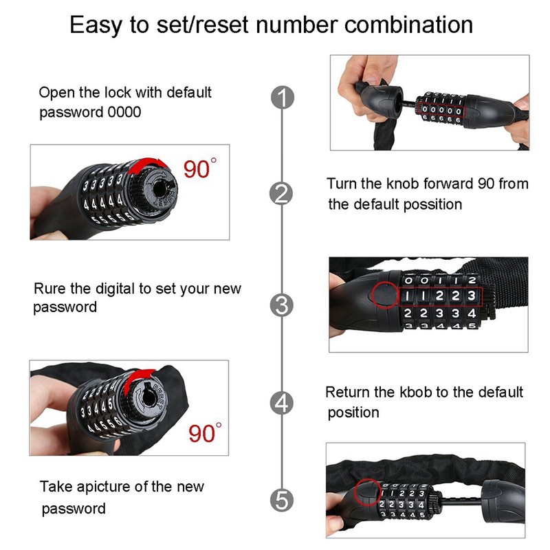 Bike Anti theft Security Bicycle Steel Chain Cipher Lock 5-digit