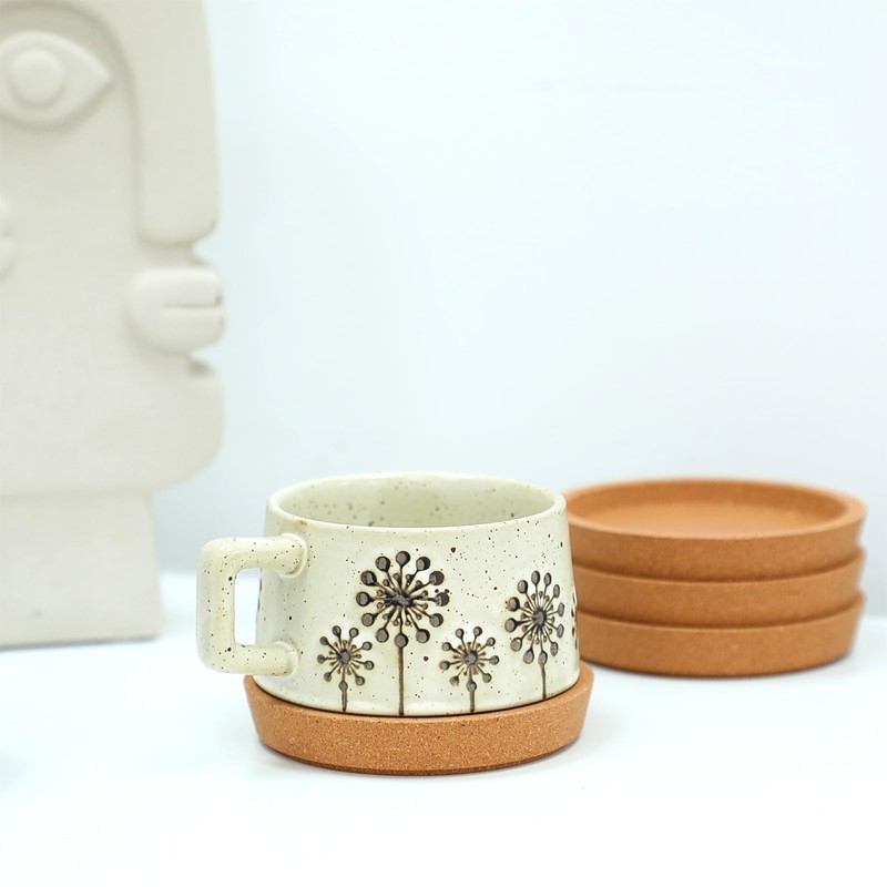 Pack of 4 Cork Coasters, Round, Extra Thick with Raised