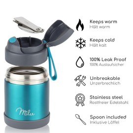 Milu® Thermal Food Container, 300/440/450/650/800 ml, Stainless Steel, Warmth Preservation, for Baby Food, Cereals to go, Green (300 ml)