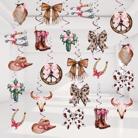 Affrolling 52 Pcs Cowgirl Coquette Bow Western Party Decorations Hanging Swirls Wild West Birthday Decor Bow Cowgirl Themed Swirls Streamer Supplies for Baby Shower Birthady Party Favors