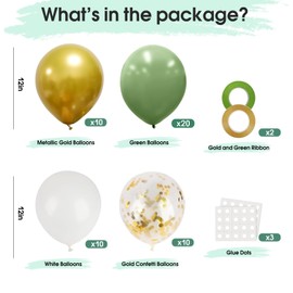YoParty Green and Gold Balloons, 55pcs Set of 12 Inch Green, White, Metallic Gold & Confetti Balloons - Includes Ribbons and Glue Dots for Birthday, Baby Shower, Wedding Decorations
